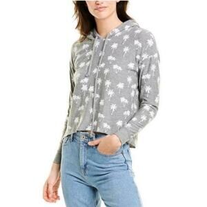 CHASER Womens Gray Palm Trees Cropped Yoga Hoodie Sweatshirt Medium